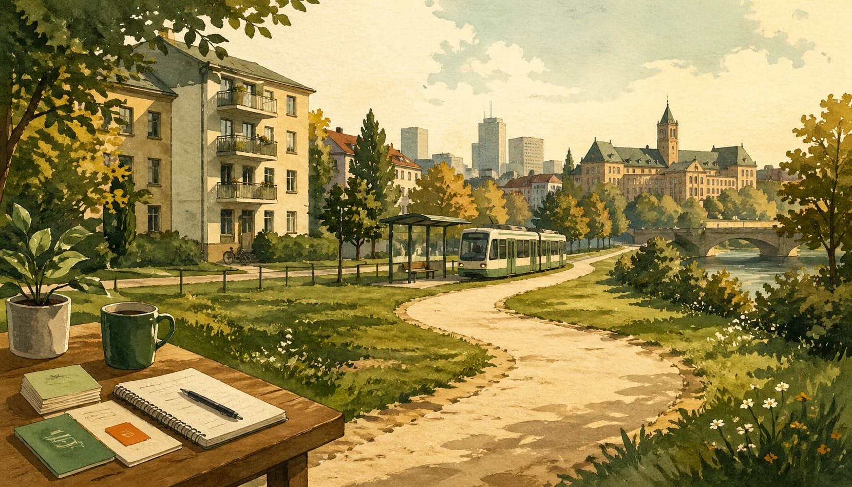 Illustration of a structured German learning path leading through everyday life in Germany toward study and work.